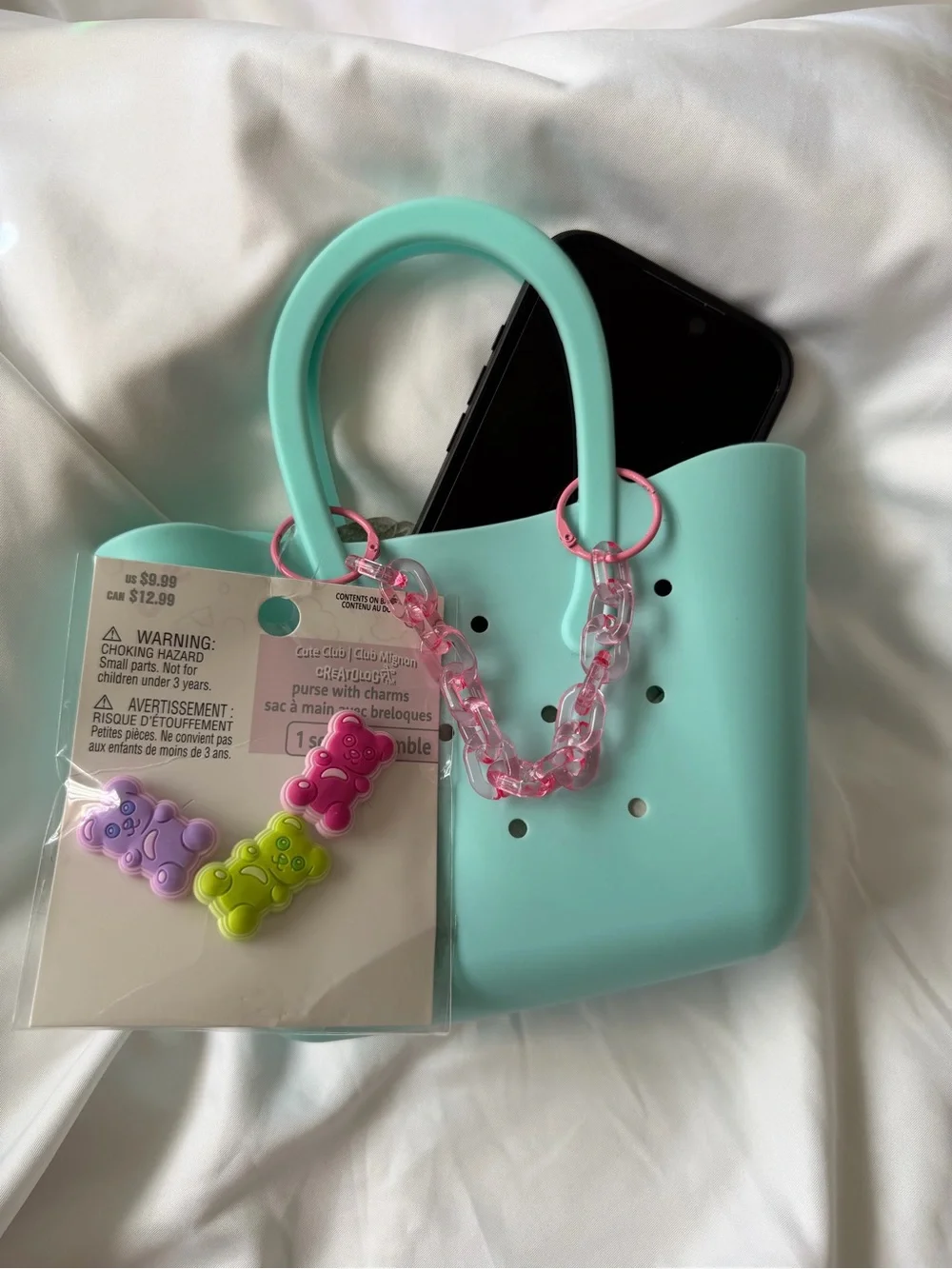 Cute Club Mint Green Silicone Mini Tote Bag Teddy Bears Charm